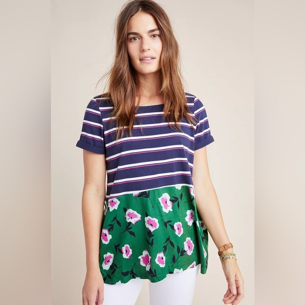 Anthropologie Sonja Striped Floral Swing Short Sleeve Tunic Top Size XS Preppy